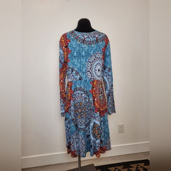 Boho Midi Dress Jersey Knit Colorful Geo Indie Casual Hippie Gypsy Pockets XL - Picture 5 of 11
